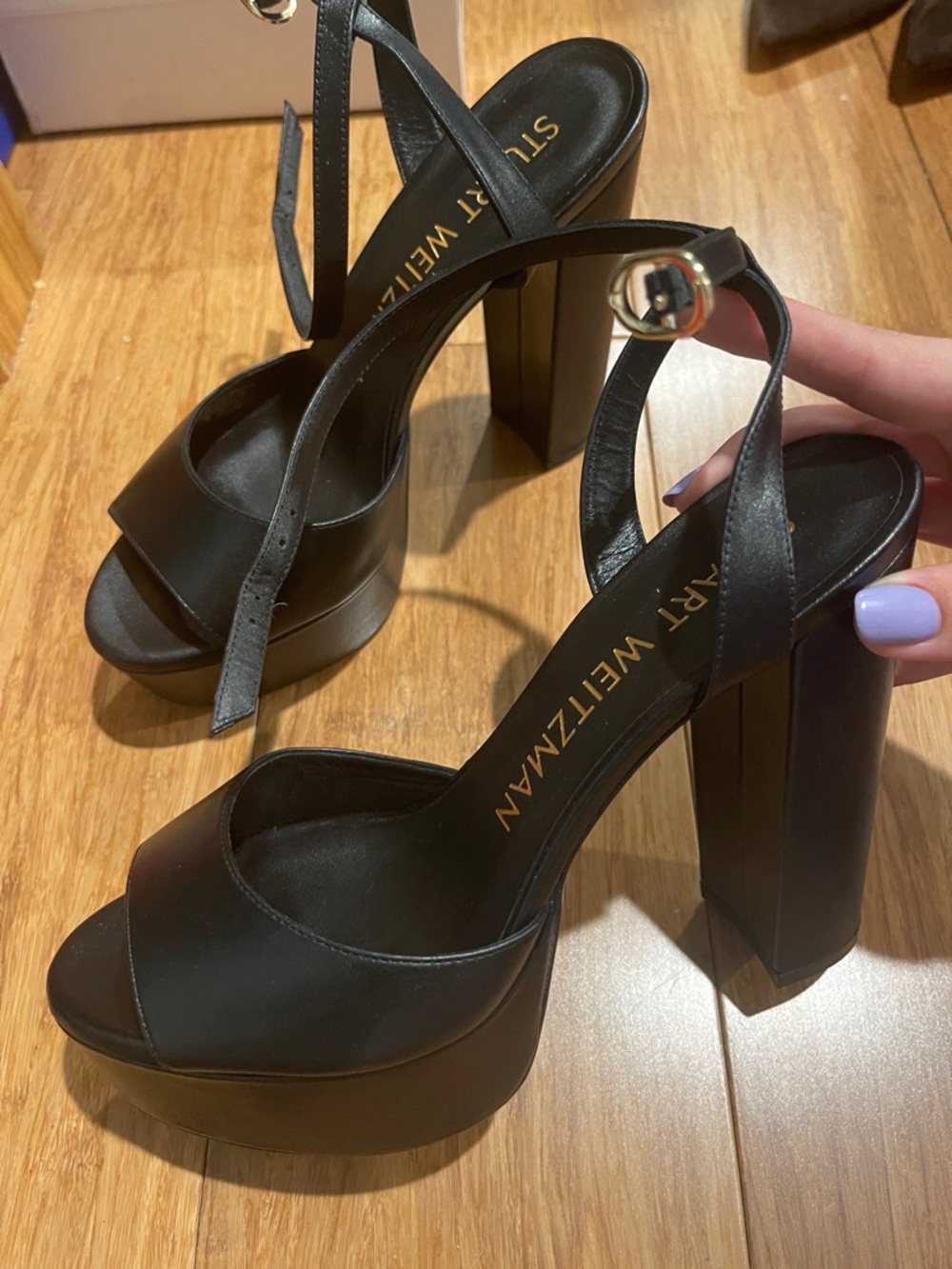 Stuart Weitzman Black Leather Platform Block Heel Sandals
